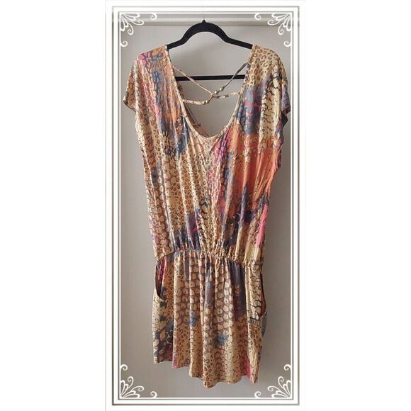 VENUS Coral~Gray & Tan Print Design Soft Knit Romper Sz Large - Picture 2 of 2